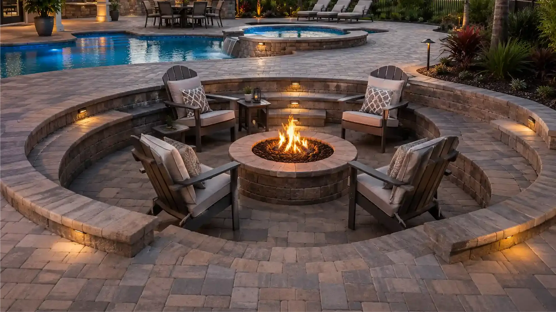 Multi-level paver patio with a circular fire pit seamlessly integrated into a backyard pool deck in Florida Multi-level paver patio with a circular fire pit seamlessly integrated into a backyard pool deck in Florida