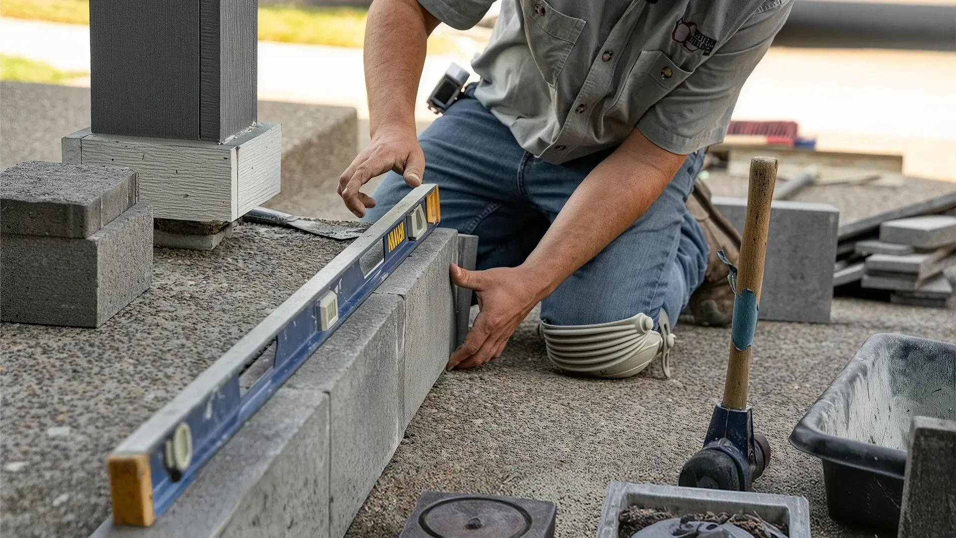 Professional paver contractor leveling concrete pavers during a residential patio installation in Florida Professional paver contractor leveling concrete pavers during a residential patio installation in Florida