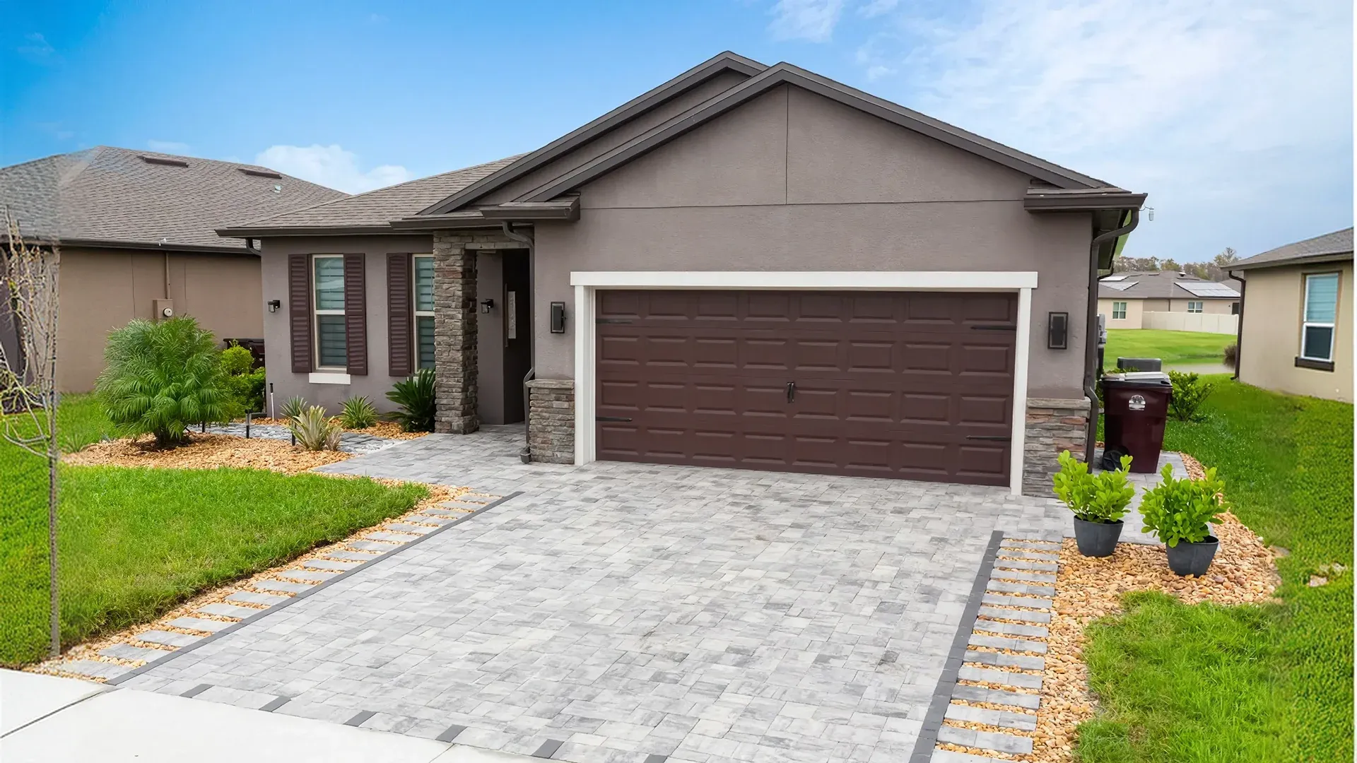 Restored paver driveway after professional sunken pavers repair in Central Florida Restored paver driveway after professional sunken pavers repair in Central Florida