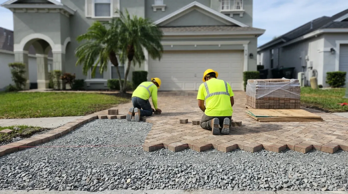 AllBrick Pavers crew laying a herringbone paver pattern on a Central Florida driveway