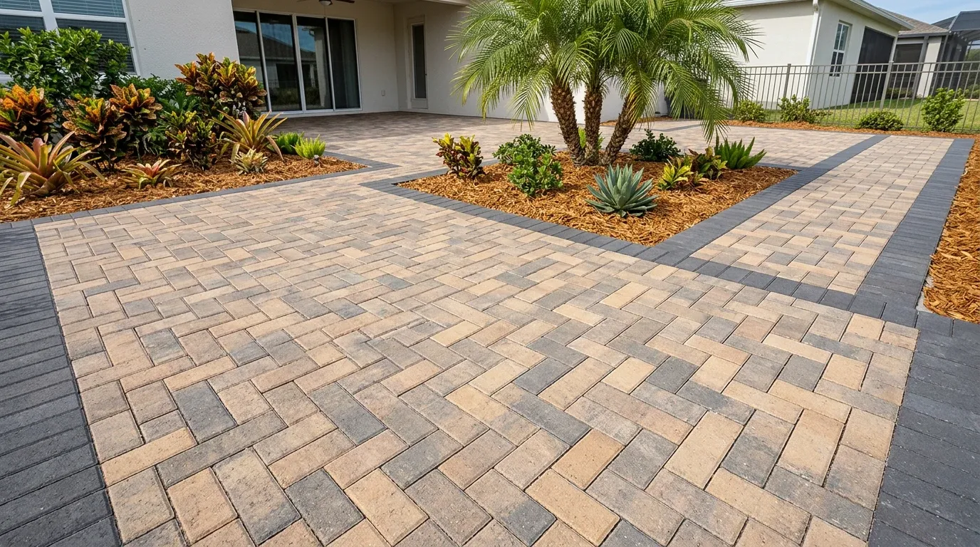 Finished paver patio and walkway with a contrasting border behind a Central Florida home