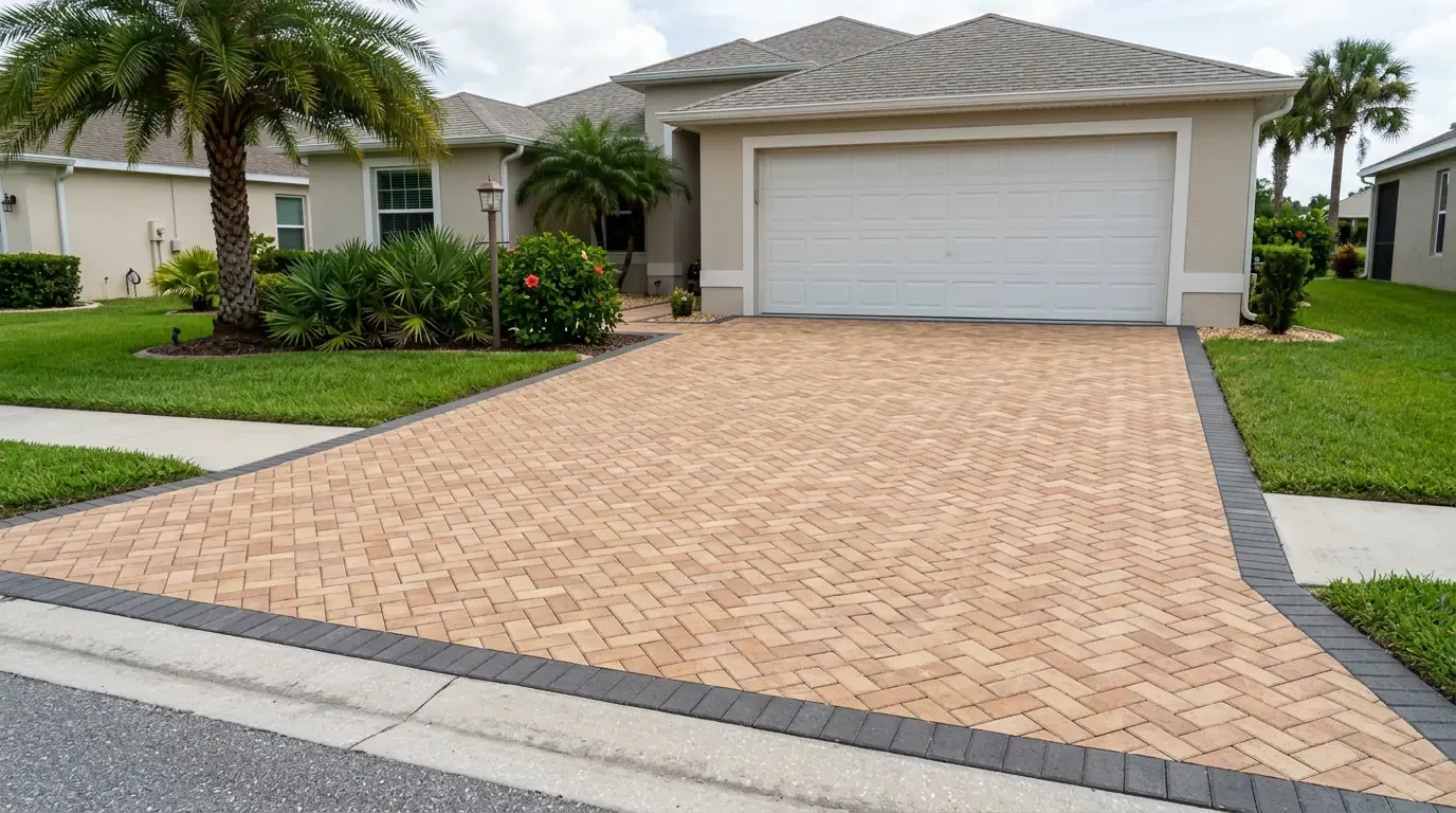 Paver driveway in warm tan and terracotta tones with a darker border in front of a stucco home, viewed from the street in Central Florida
