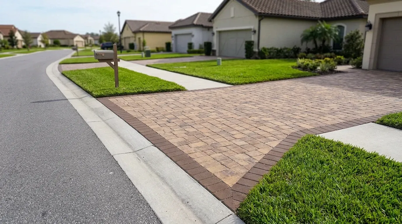 Paver driveway apron and border detail at the street entrance of a Central Florida home
