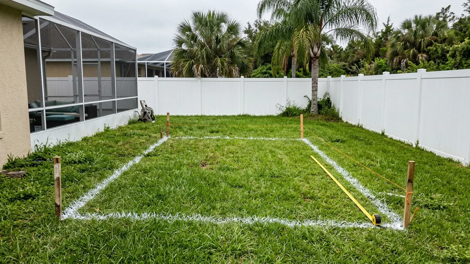 Future patio outline marked with white paint, stakes and string on a Central Florida backyard lawn