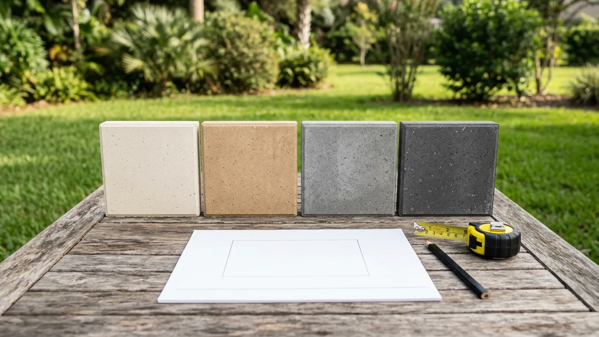 Four paver samples in cream, tan, gray and charcoal beside a blank sheet of paper, a tape measure and a pencil on a table on a lawn