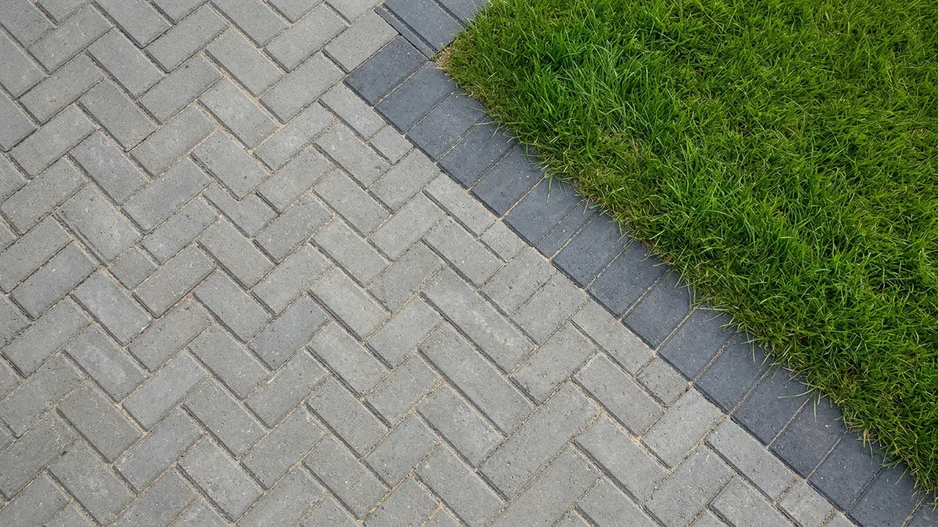 Top-down view of gray herringbone pavers edged with a row of dark charcoal pavers beside a green lawn