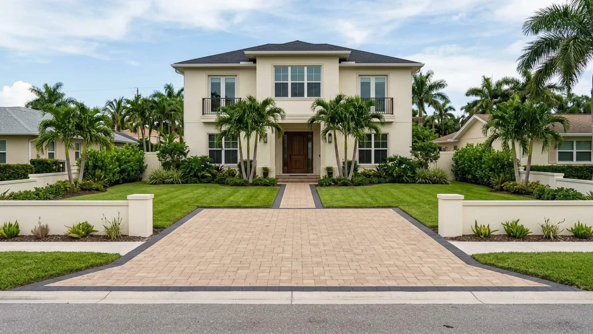 Paver driveway entrance at the street with a border and a matching walkway to the front door