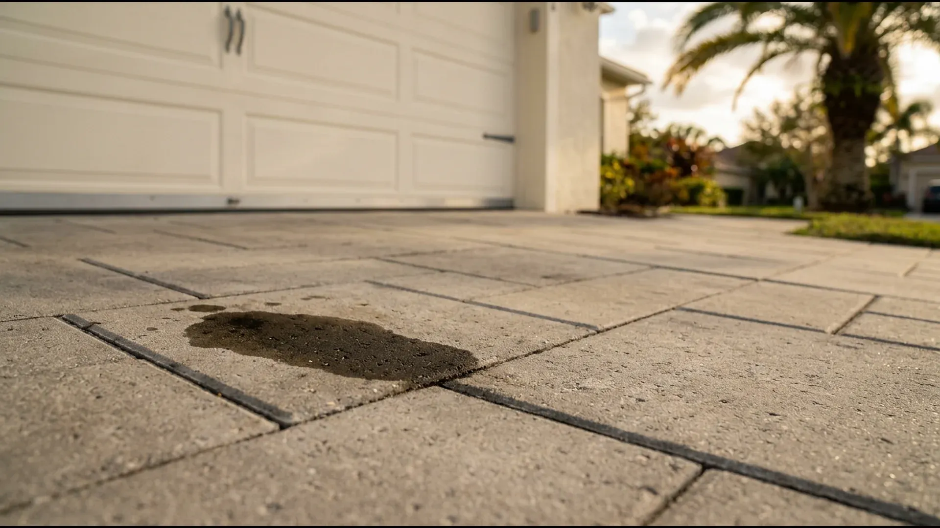 Low-angle close view of a dark oil stain on gray concrete pavers in front of a garage door