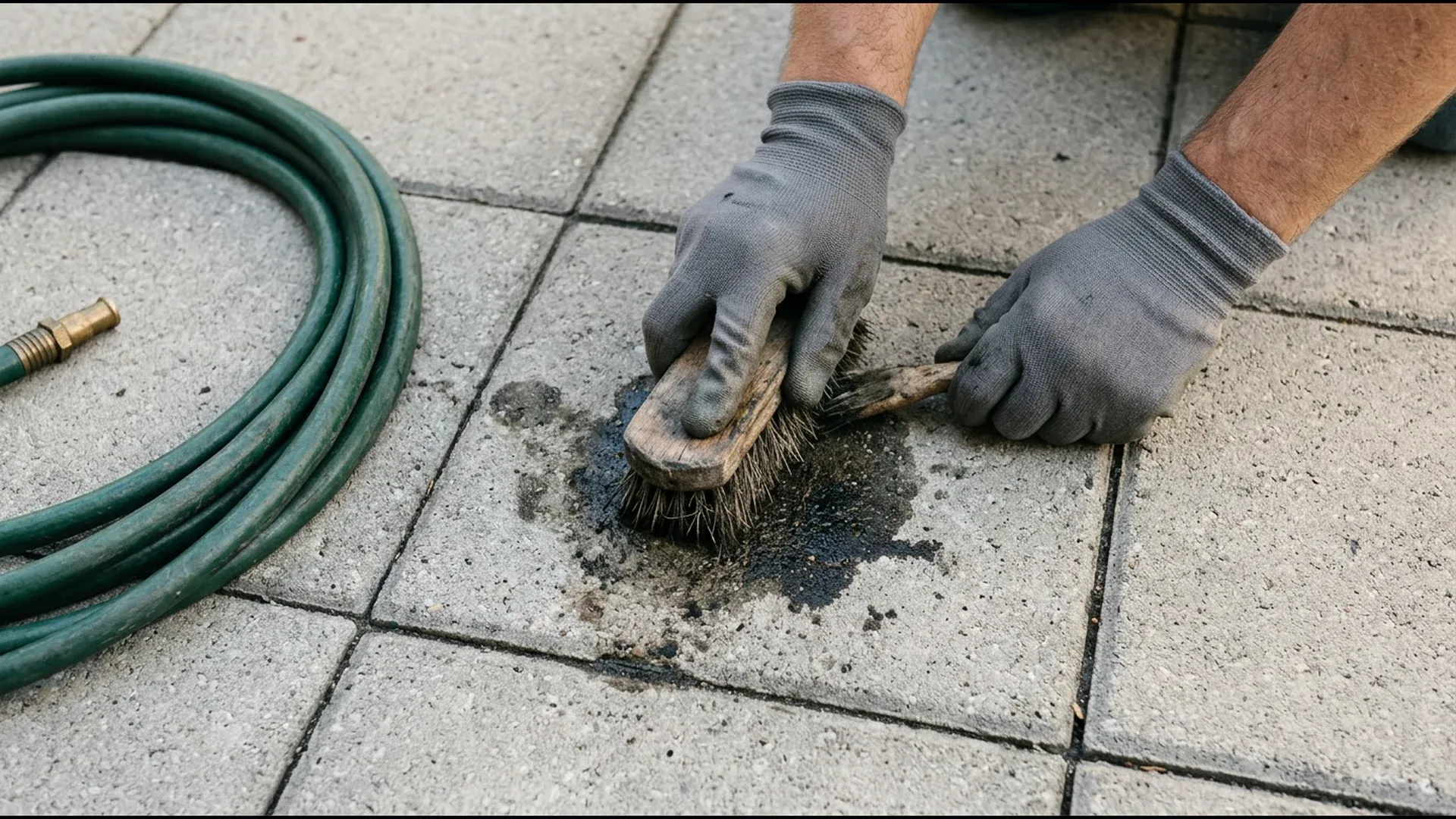 Gloved hands scrubbing a dark oil stain on gray concrete pavers with a stiff brush, garden hose lying nearby