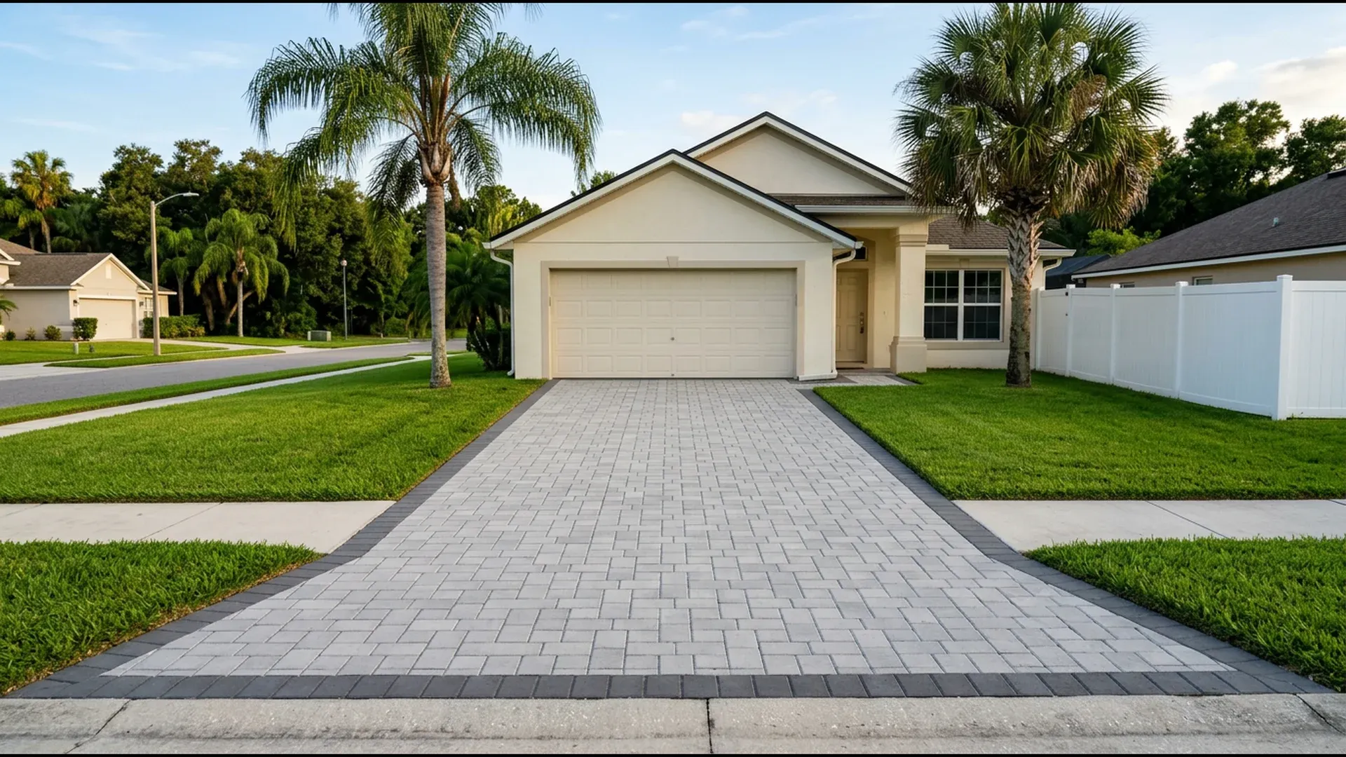 Clean light gray concrete paver driveway with a charcoal border in front of a stucco home in a Central Florida neighborhood