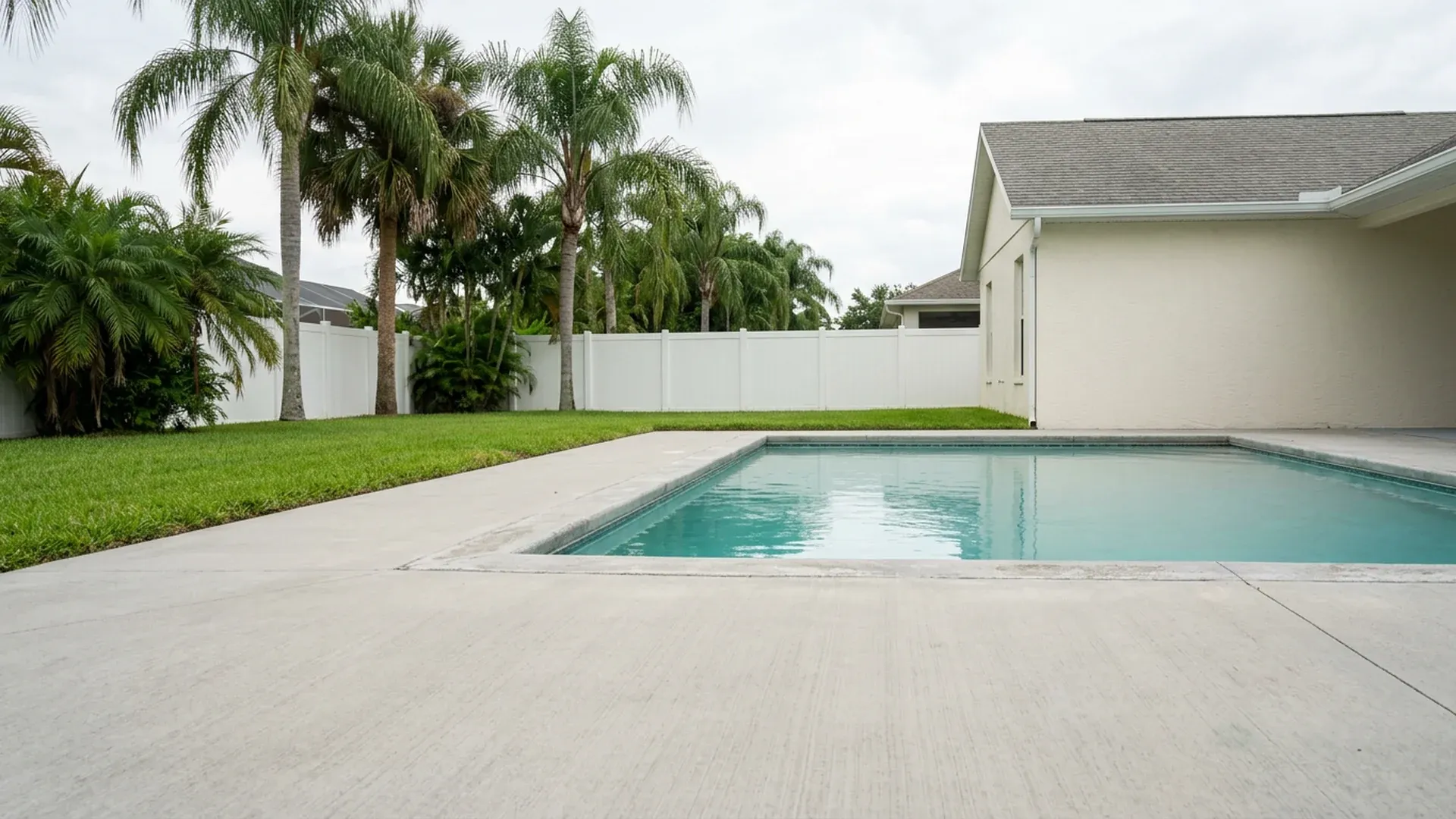 Light-gray broom-finish concrete pool deck beside a calm turquoise backyard pool, with lawn, a white fence, palms and a cream stucco house behind it