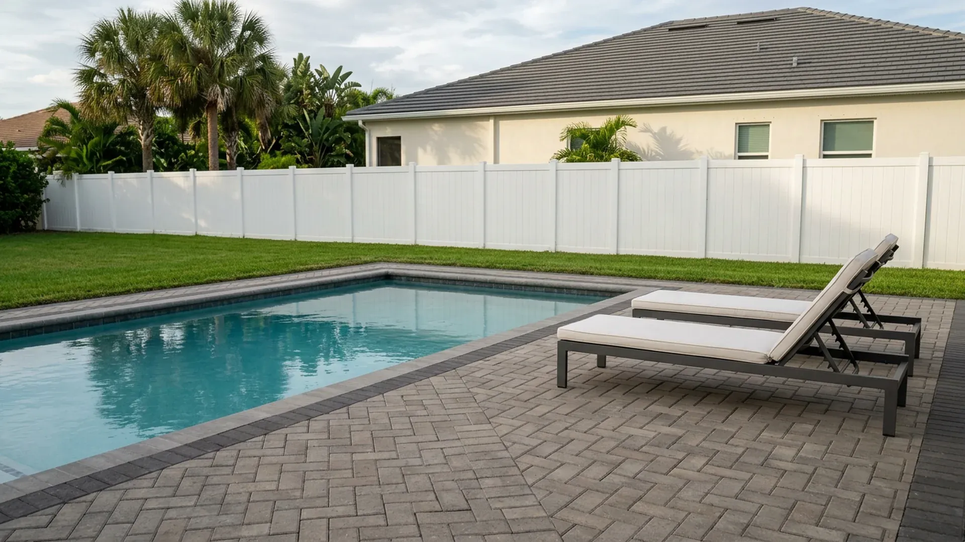 Warm-gray herringbone paver pool deck with a darker charcoal border along the pool edge and two matching lounge chairs near the water