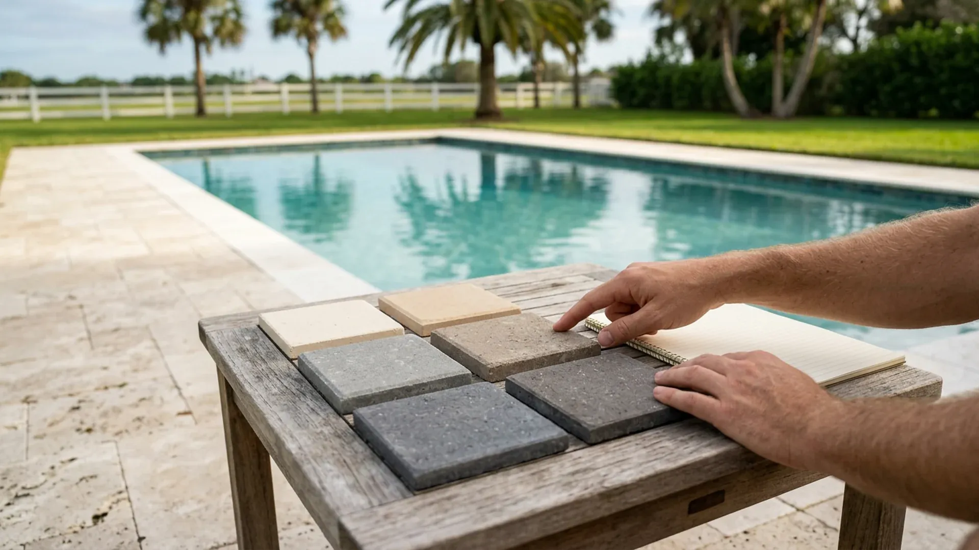 Six cream, tan, taupe, gray and charcoal paver samples on a weathered wooden table beside a cream paver pool deck, with two hands near the samples and a blank spiral notepad