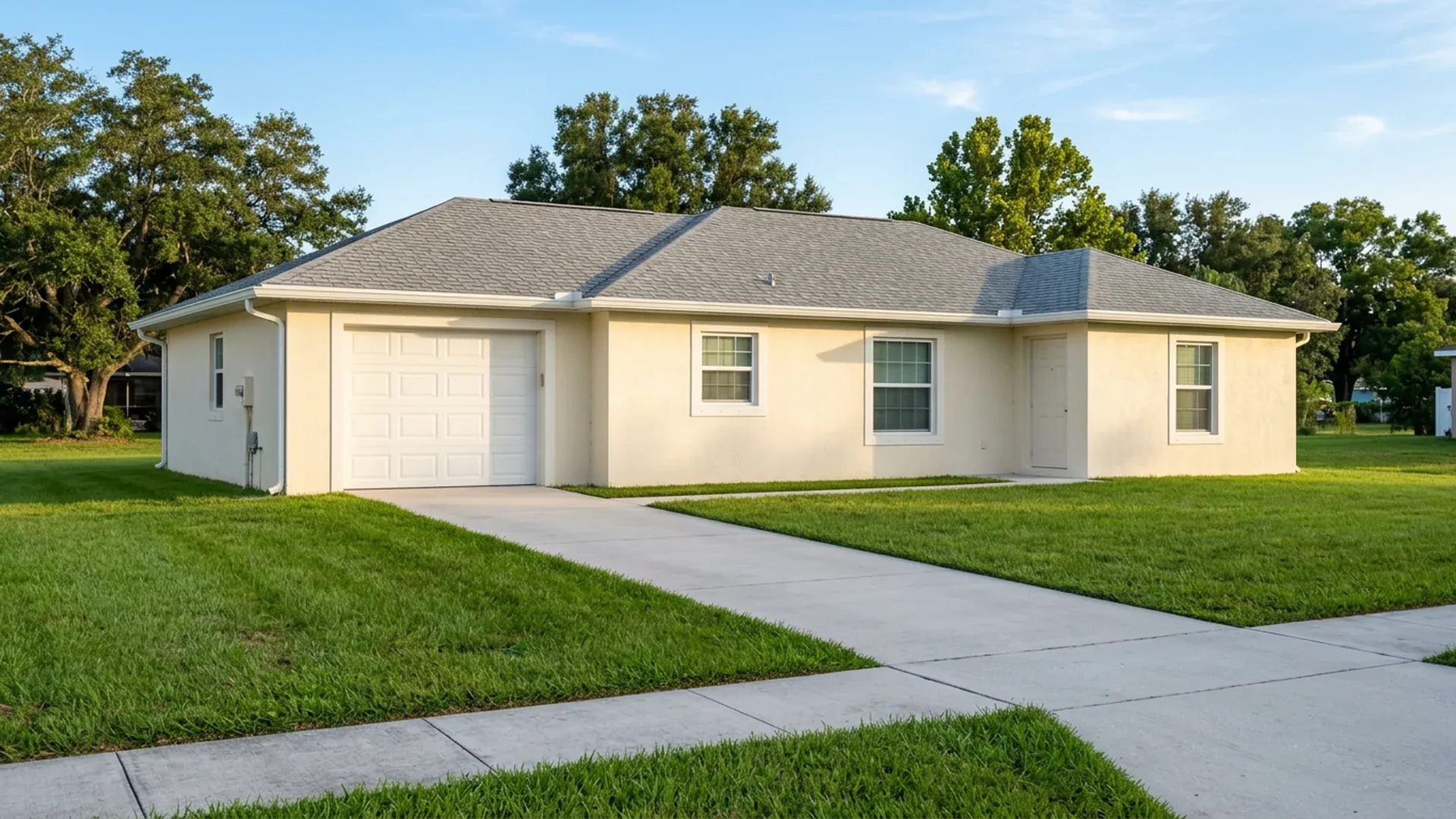 Single-car-width light-gray concrete driveway leading from a one-car garage door to the sidewalk, with lawn on both sides, in front of a cream stucco Central Florida house before a paver driveway extension