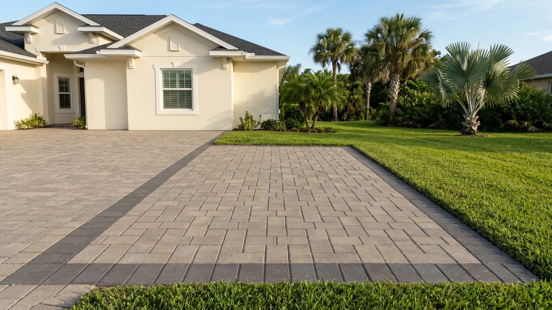 Side parking pad in matching gray pavers beside a paver driveway with a charcoal border