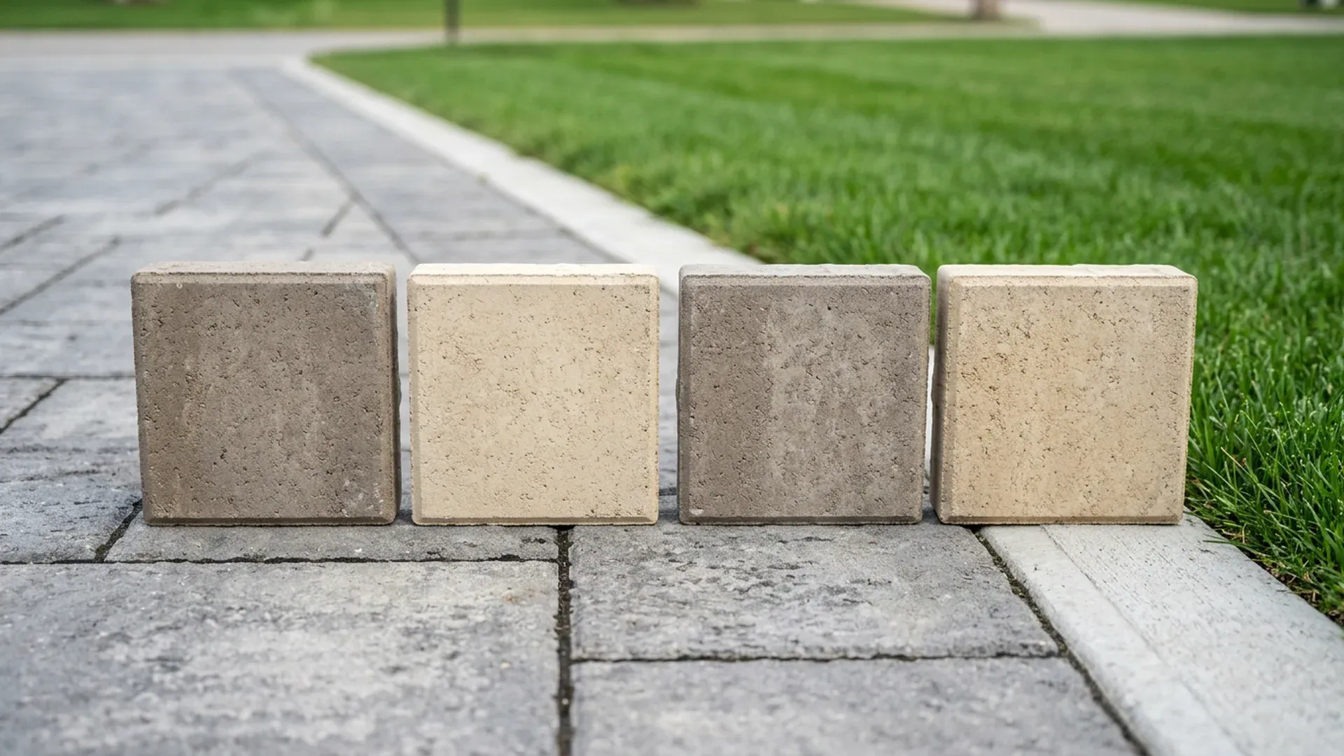 Four gray and tan paver samples set on an existing gray paver driveway beside the lawn edge