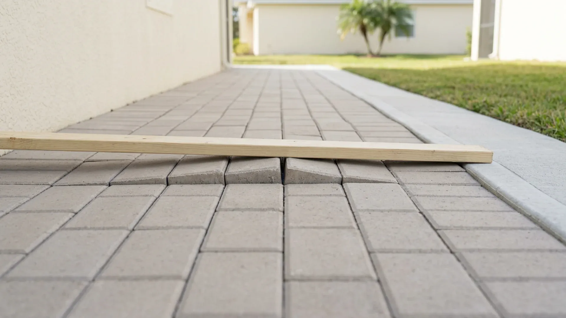 Straight light wooden board resting across a raised ridge of lifted gray pavers in a walkway, with a cream stucco wall on one side and a concrete curb and green lawn on the other