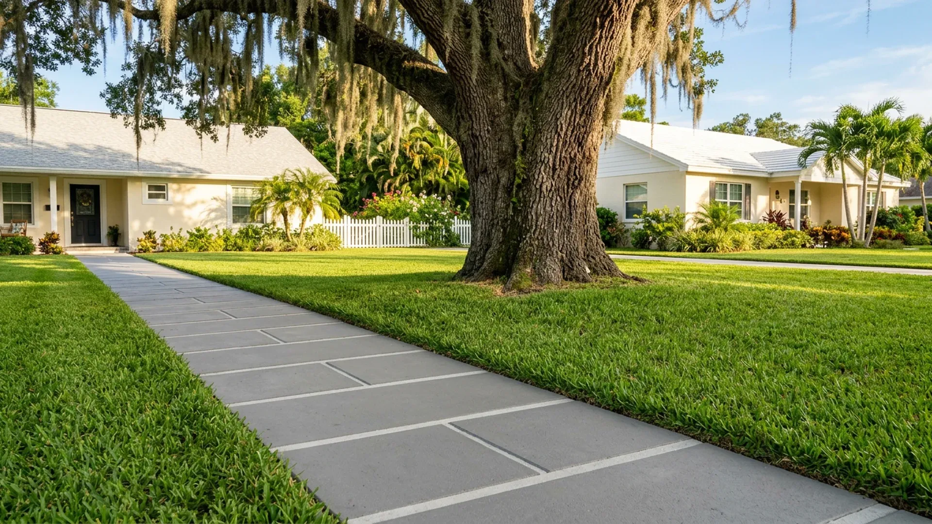 Level gray paver walkway across a green lawn beside a mature live oak with Spanish moss and a cream stucco house in a Central Florida yard