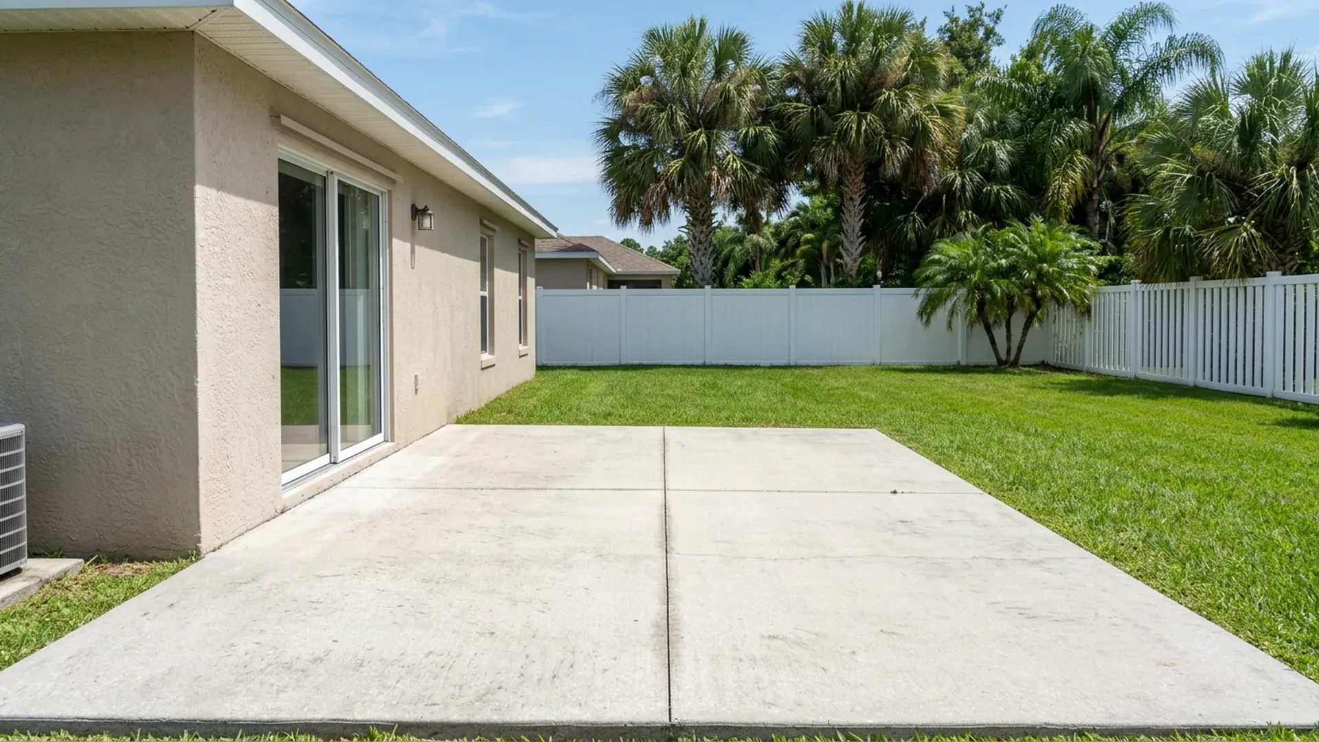 Plain light-gray existing concrete patio slab beside a stucco house in a Central Florida backyard, with lawn, white fence and palm trees