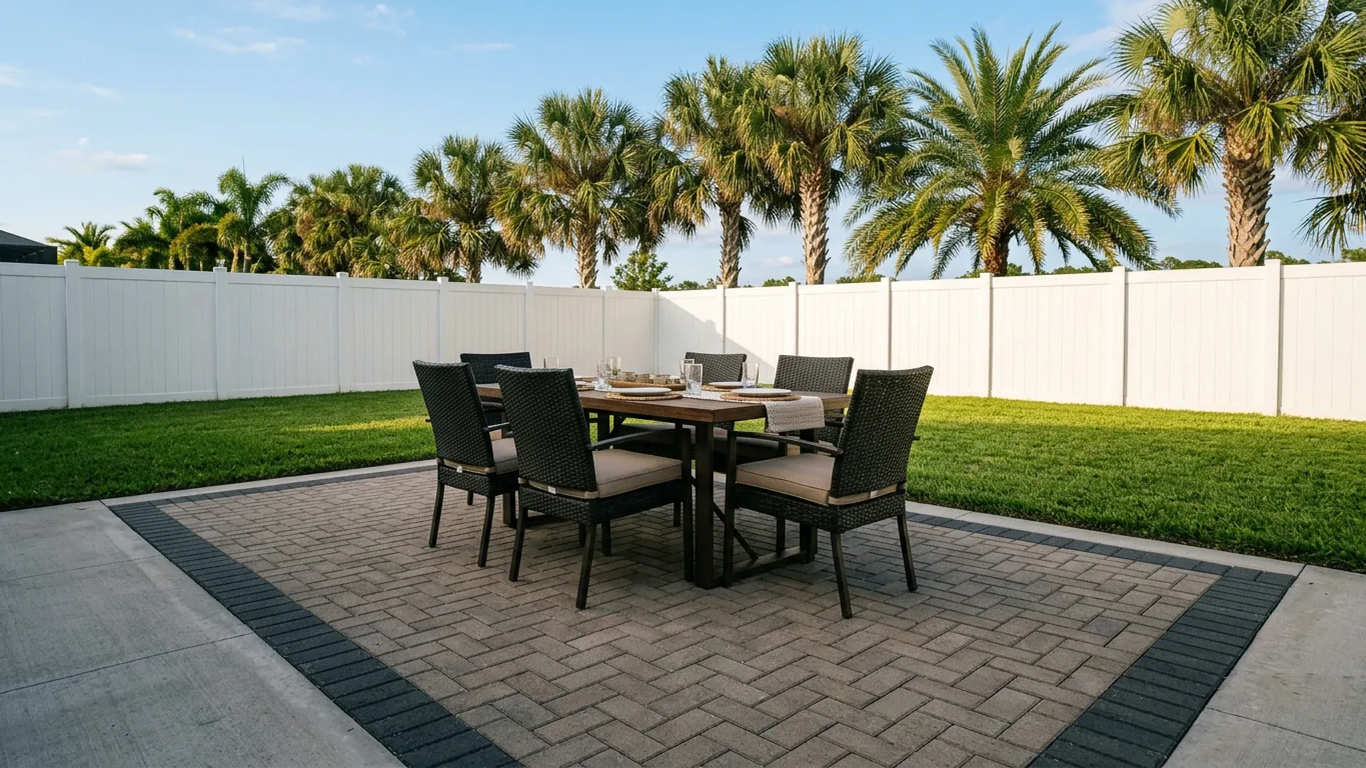 Herringbone paver patio with a darker charcoal border strip and an outdoor dining set for six, set in a light-gray concrete surround with lawn, white fence and palm trees behind