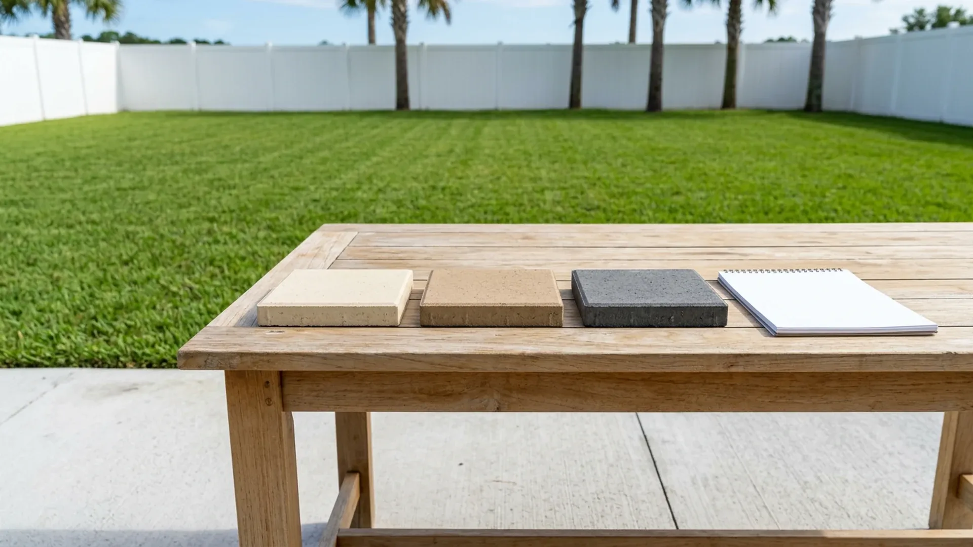 Cream, tan and charcoal square paver samples and a blank notepad on a wooden table standing on a plain light-gray concrete patio, with lawn and palms behind