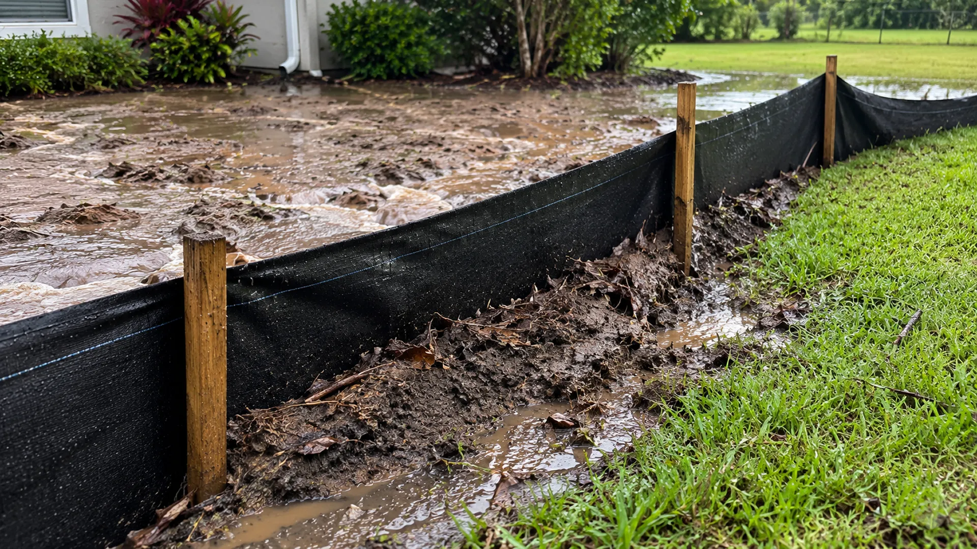 Trenched sediment fence holding back runoff after a heavy rain at a Mulberry, FL construction site