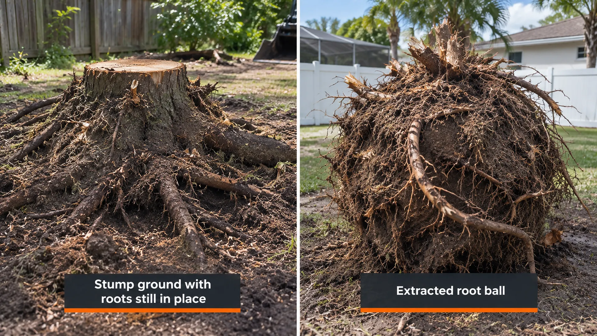 Side-by-side comparison of a ground-down stump with roots left in the soil and a fully removed stump and root ball