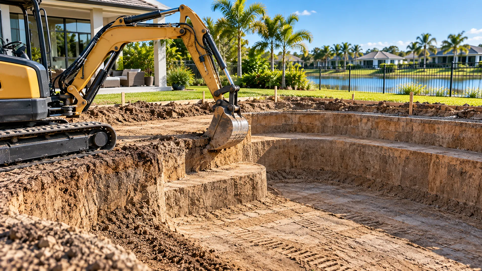hydraulic excavator cutting inground pool hole in residential backyard