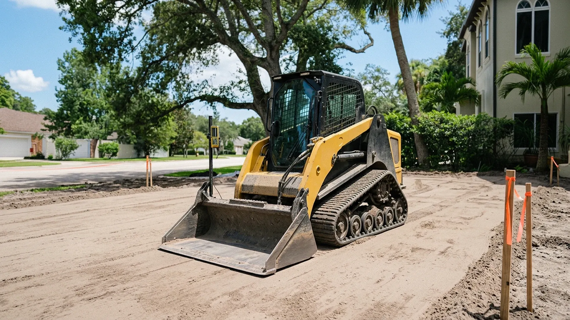 Compact track loader with a laser receiver fine grading a sandy lot in Central Florida