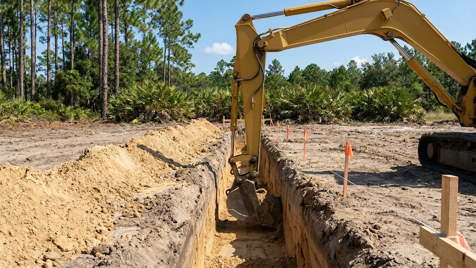 Excavator digging a straight footer trench along a string line on a Central Florida lot