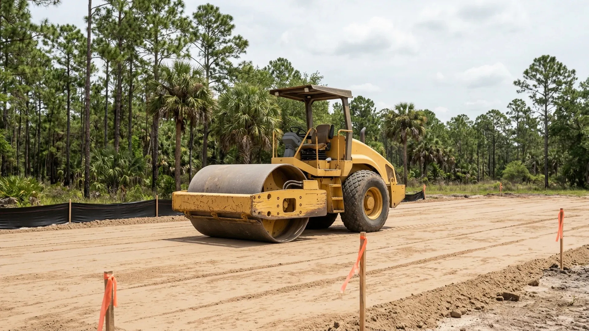 Soil compactor roller compacting a building pad on a Central Florida site
