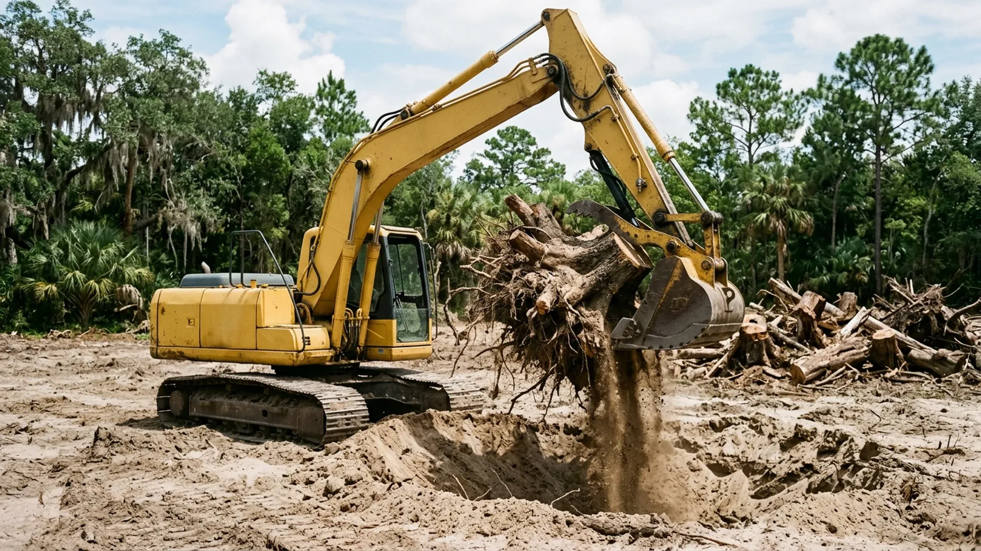Excavator lifting a stump and root ball out of the ground on a Central Florida lot