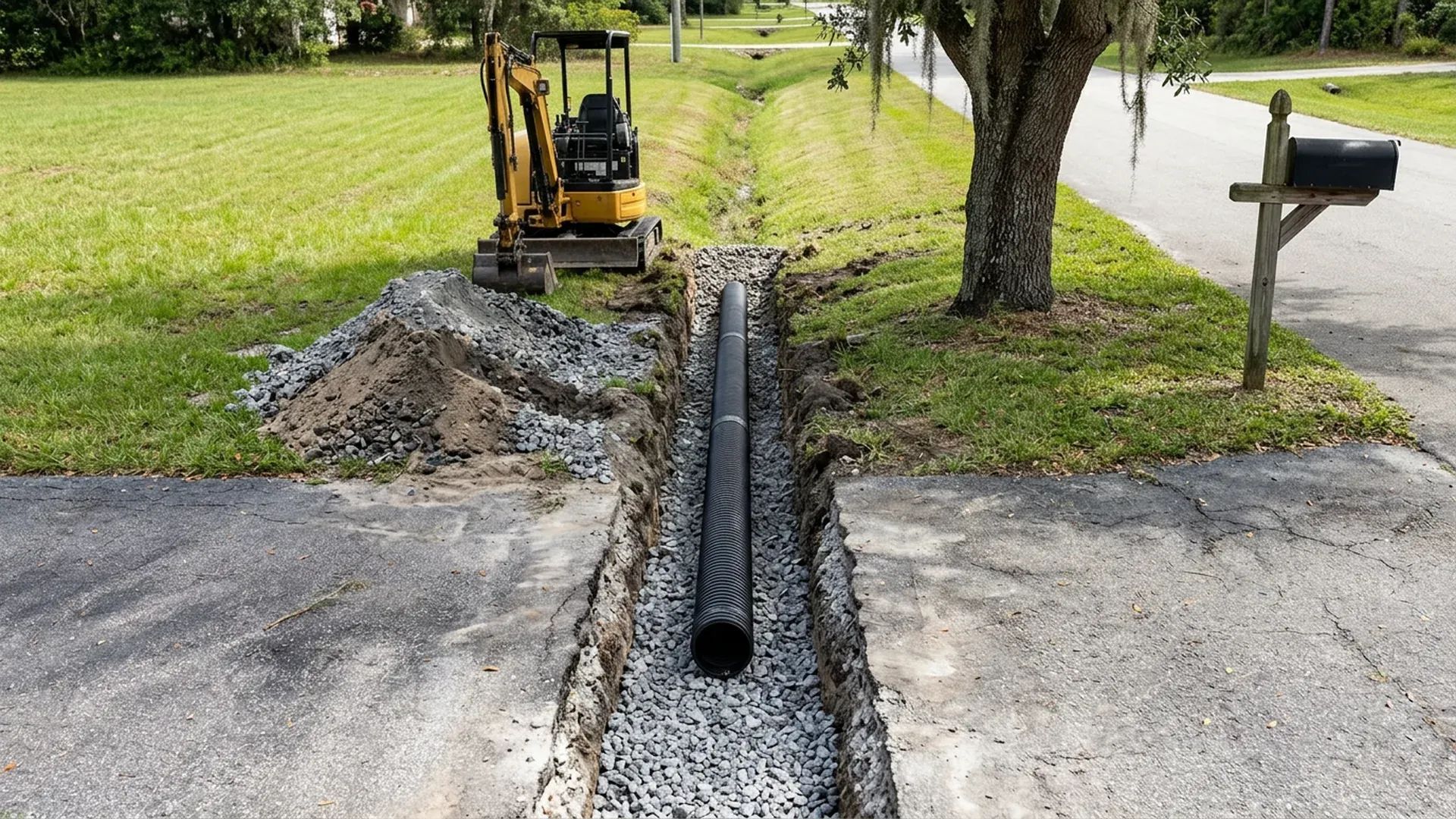 Culvert pipe in a trench across a driveway entrance beside a roadside swale in Central Florida