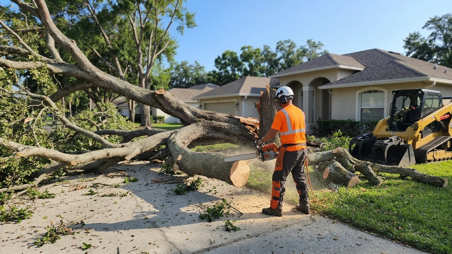 Tree crew member in protective gear cutting a fallen oak that blocks a driveway after a storm in Central Florida