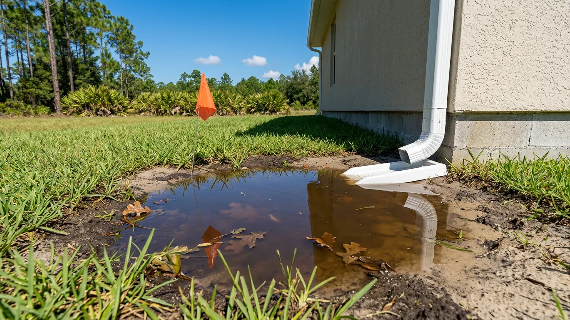 Low spot in a Florida backyard holding rainwater next to a house foundation