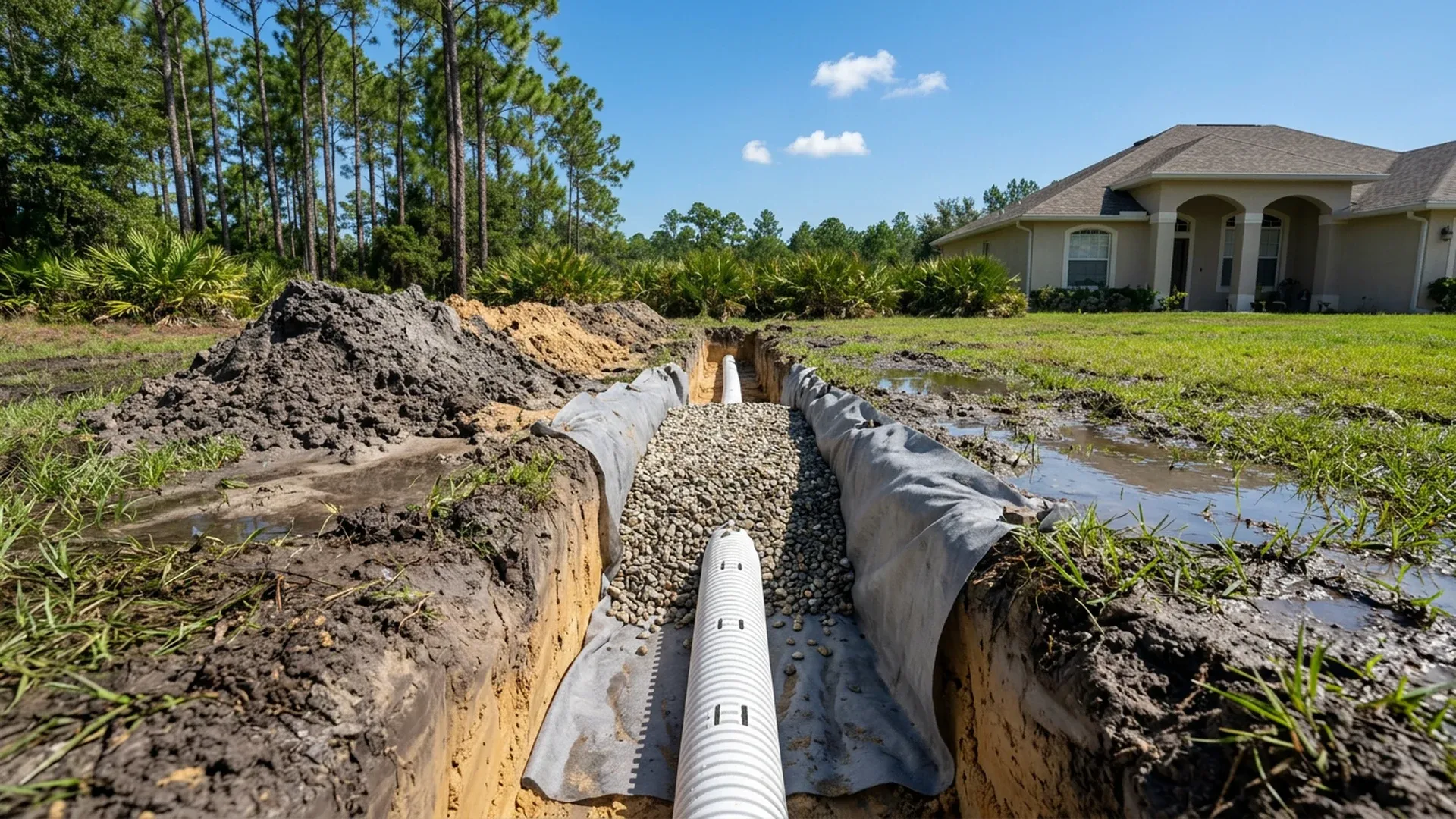 French drain trench with perforated pipe and gravel being installed in a wet Florida yard