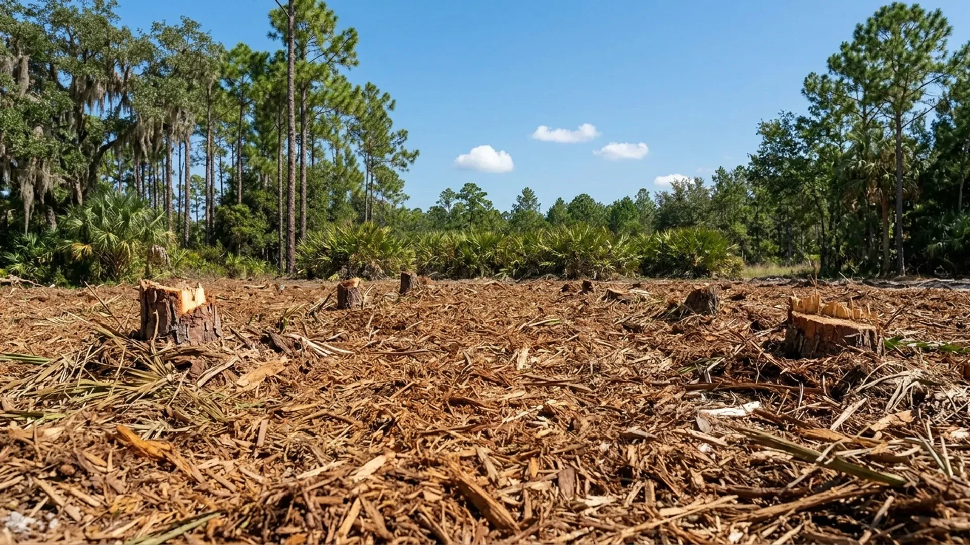 Freshly mulched Central Florida lot with a layer of wood chips and low-cut stumps left in place