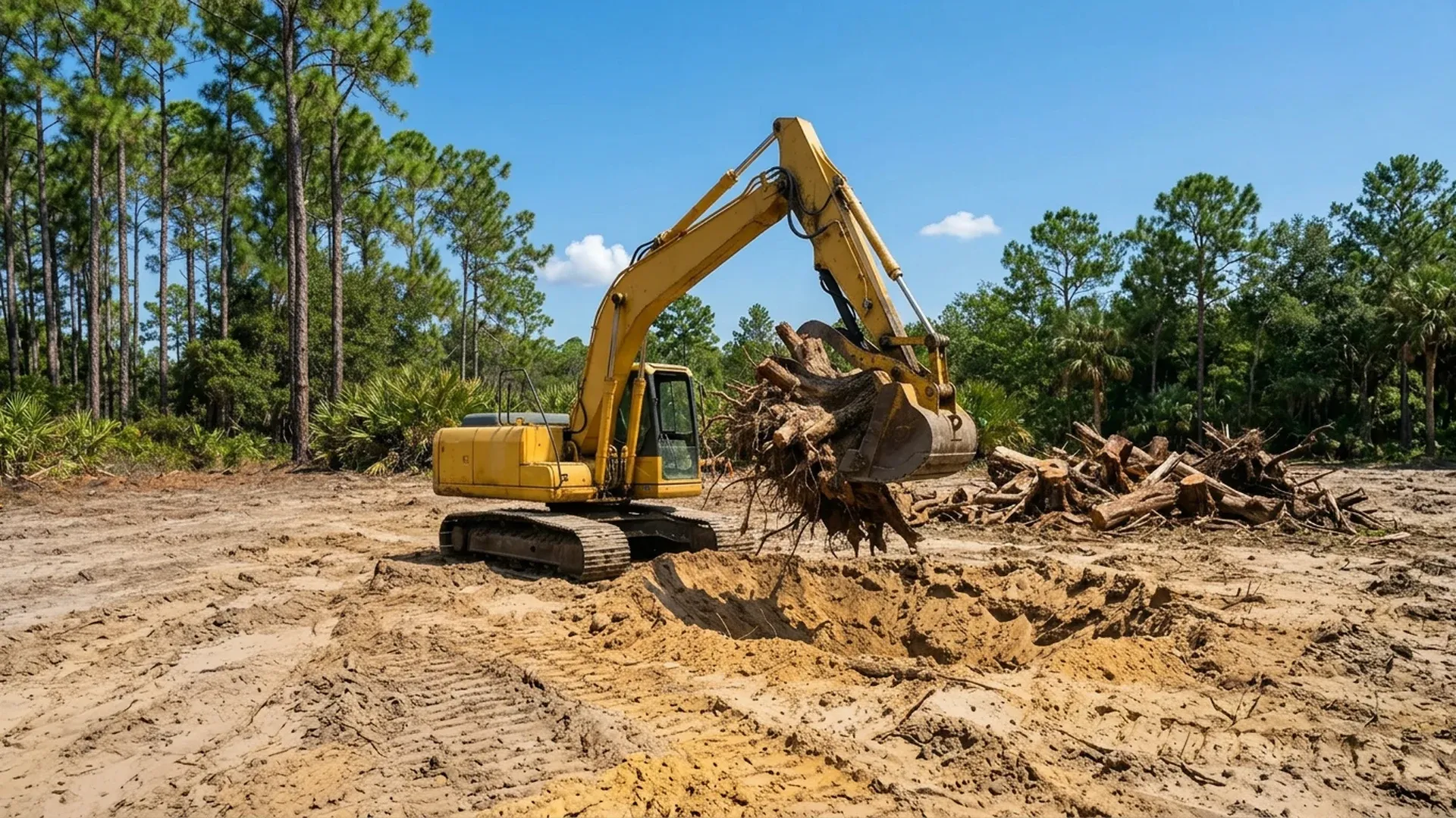Excavator pulling stumps and piling debris on a lot cleared for construction in Central Florida