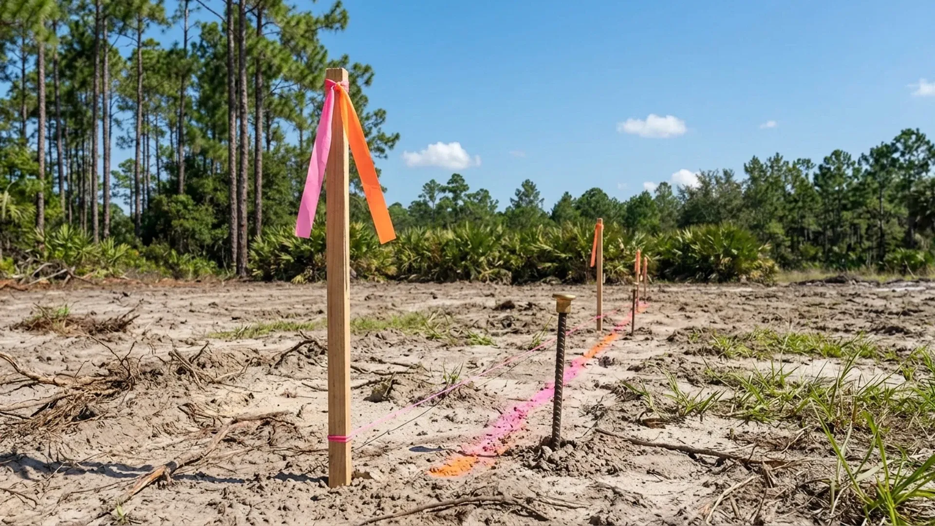 Survey stakes with flagging ribbon marking the layout line on a vacant lot in Central Florida