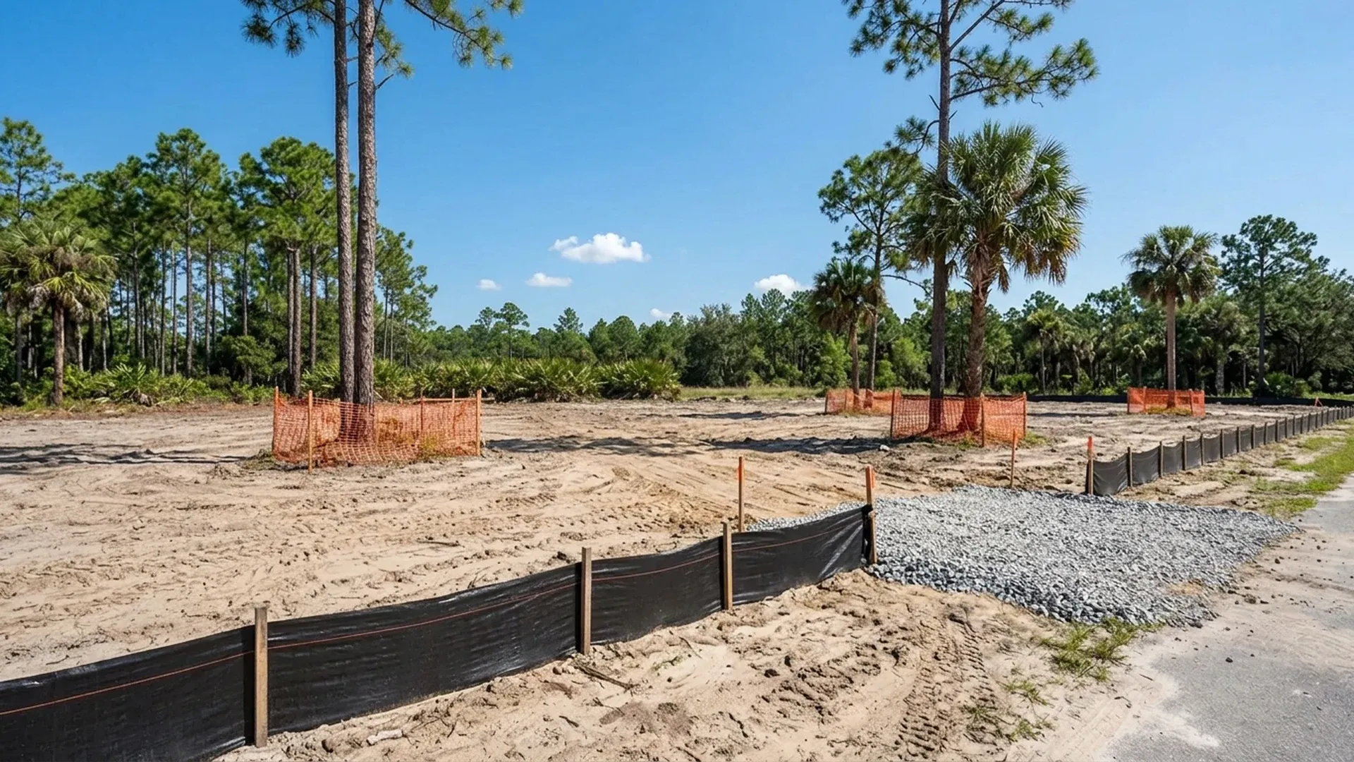 Cleared residential lot with a silt fence along the low edge in Central Florida