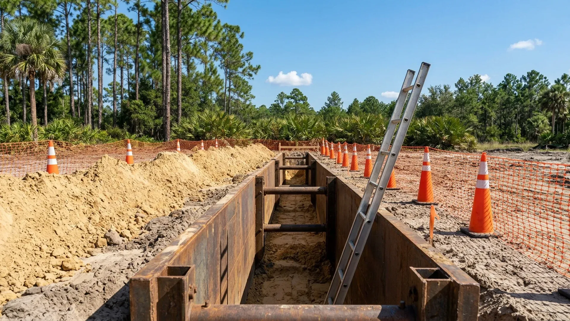 Steel trench box and ladder inside a trench with the spoil pile and safety cones set back from the edge