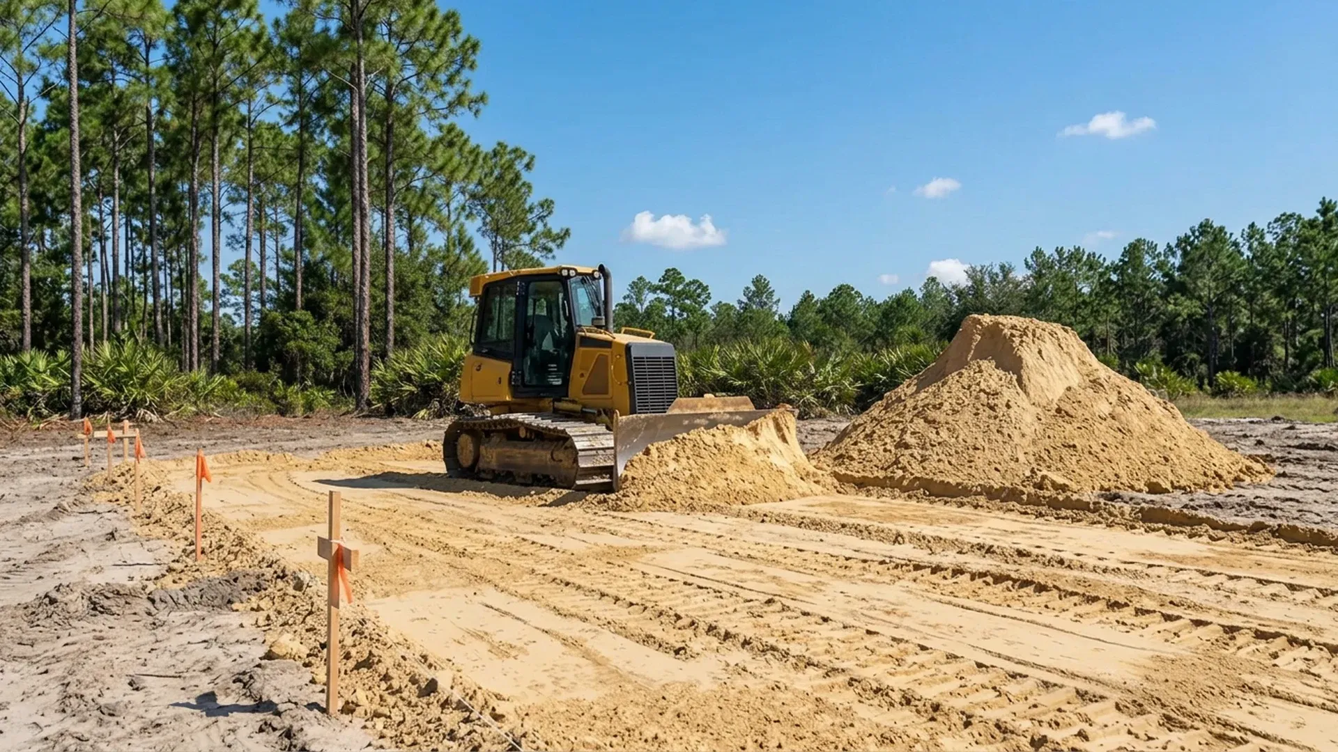 Bulldozer spreading fill dirt on a lot in Central Florida with grade stakes along the edge
