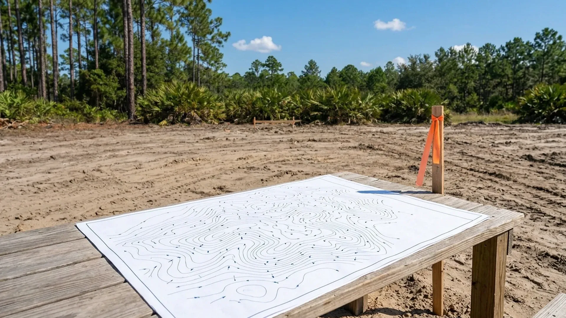 Contour style plan sheet on a wooden table beside an orange flagged survey stake on a cleared lot in Central Florida