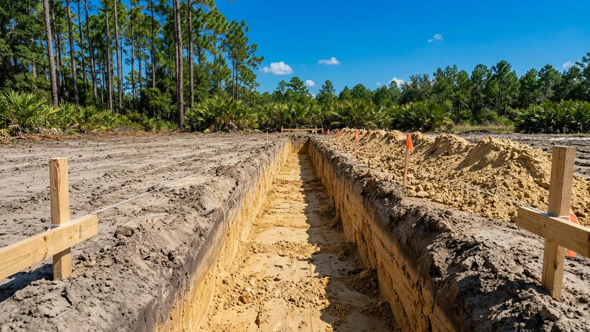 Footer trench dug along string lines on a Central Florida foundation site