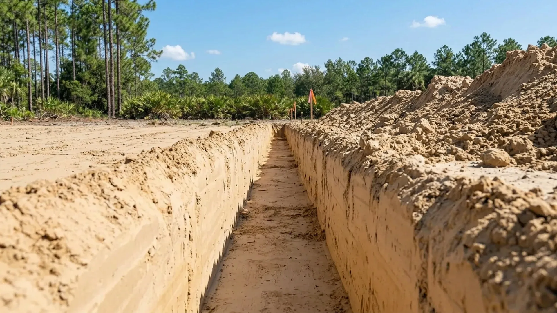 Open utility trench cut in sandy soil on a Central Florida building lot