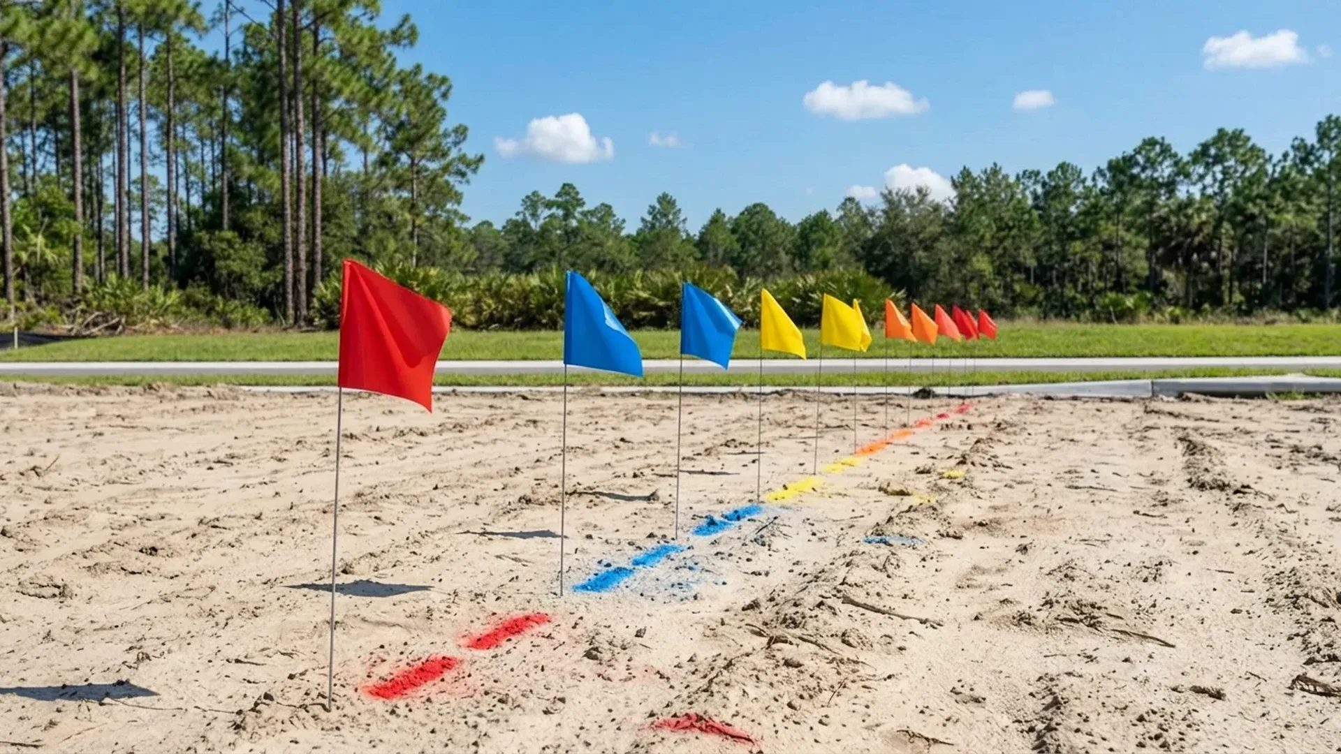 Colored utility locate flags and paint marks on a Florida lot before trenching starts
