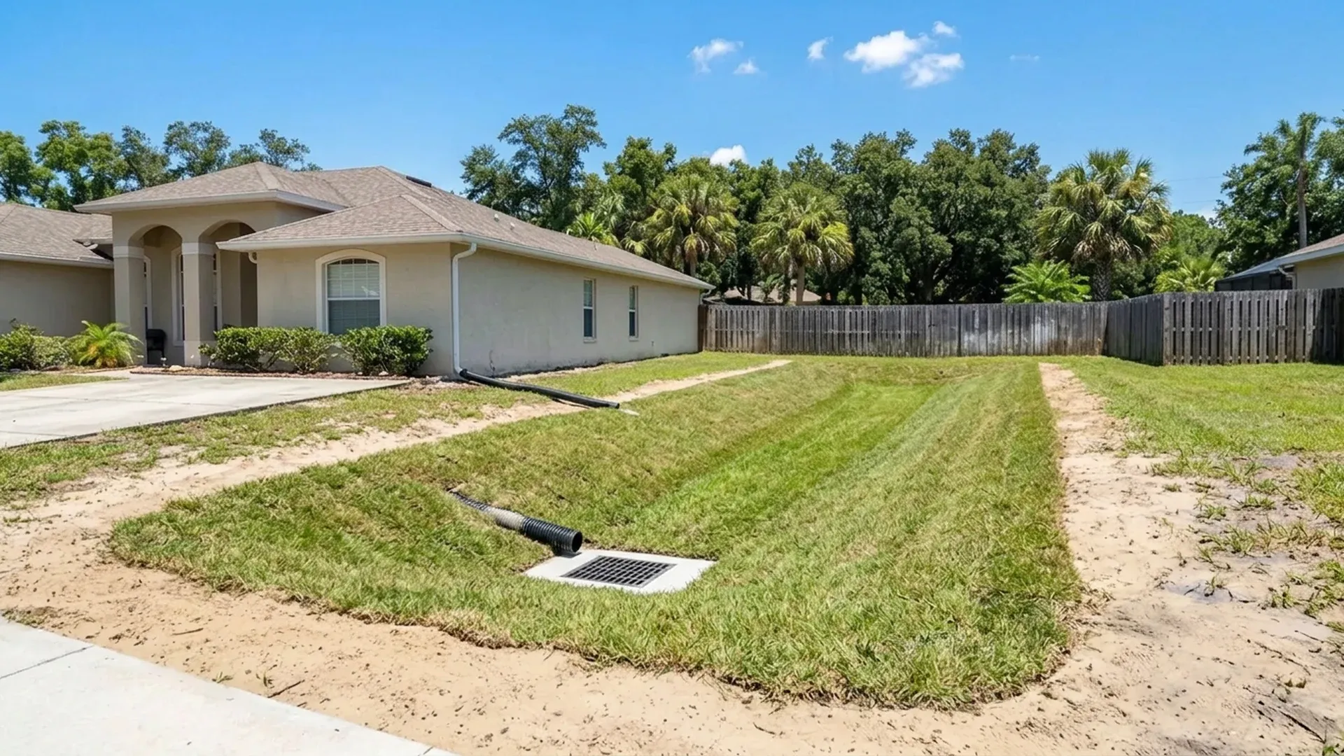 Sodded drainage swale with a drain grate and corrugated pipes beside a stucco house in Florida