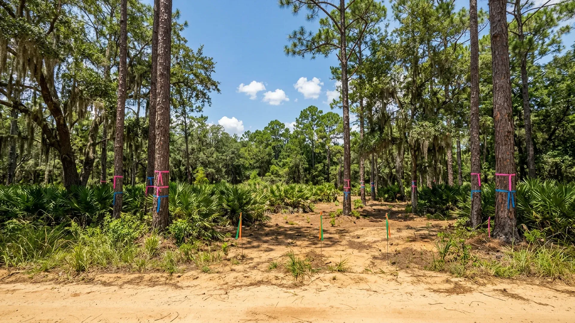 Tall pines and live oaks with pink and blue flagging tape tied around the trunks of trees to keep on a sandy Central Florida lot