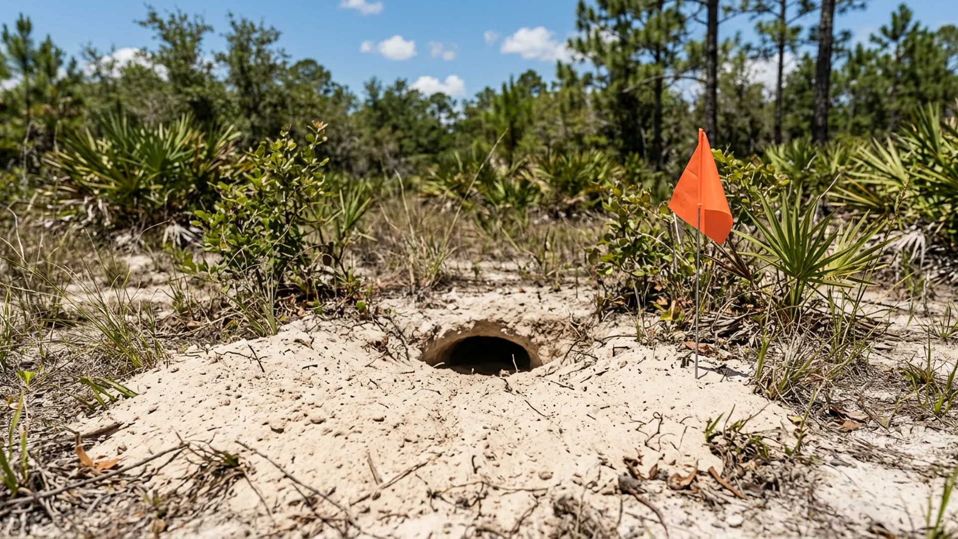 Gopher tortoise burrow with a half-moon opening in pale Florida scrub sand, marked by an orange survey flag