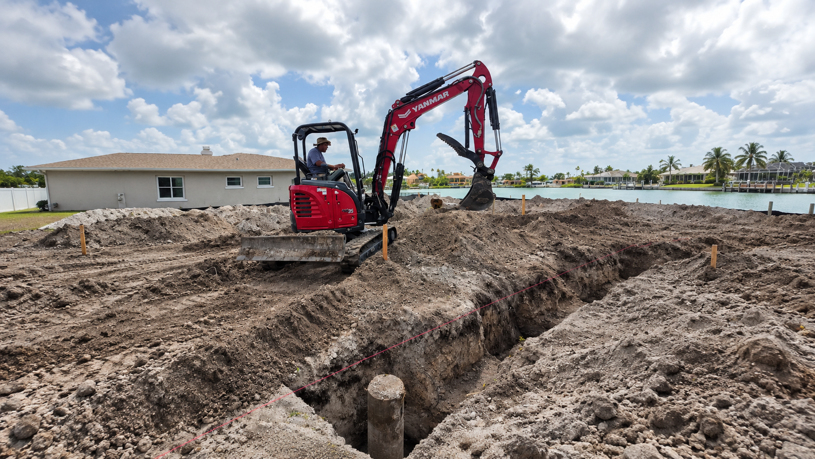 Grading crew installing a French drain to redirect water away from a home foundation Grading crew installing a French drain to redirect water away from a home foundation